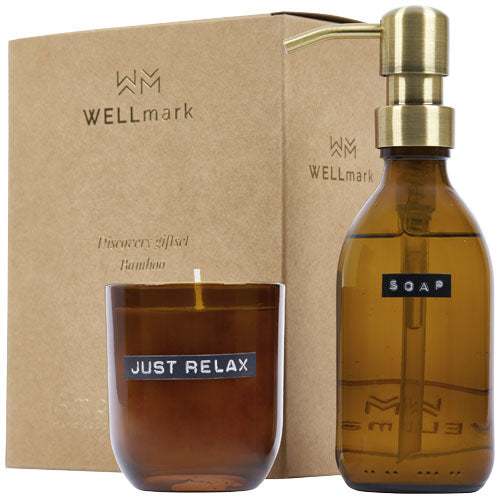 WELLmark Discovery 200 ml håndsæbedispenser og 150 g duftlys sæt – bambusduft