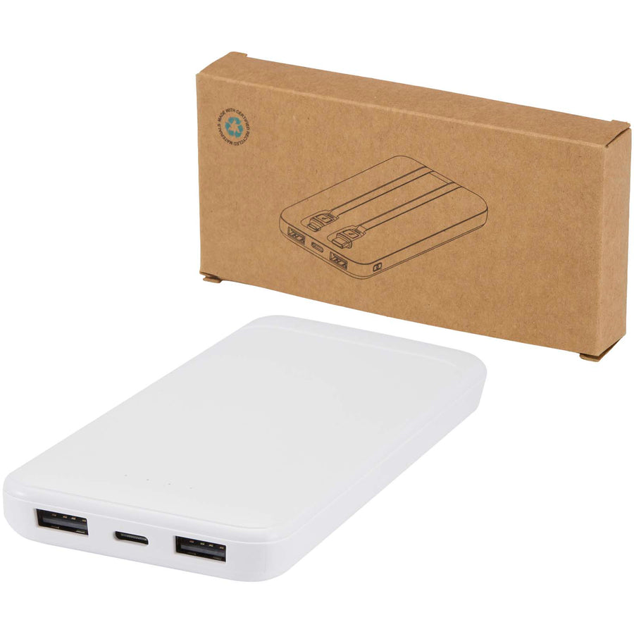 Adhil 10.000 mAh 10 W powerbank af genvundet plast med 2 indbyggede kabler