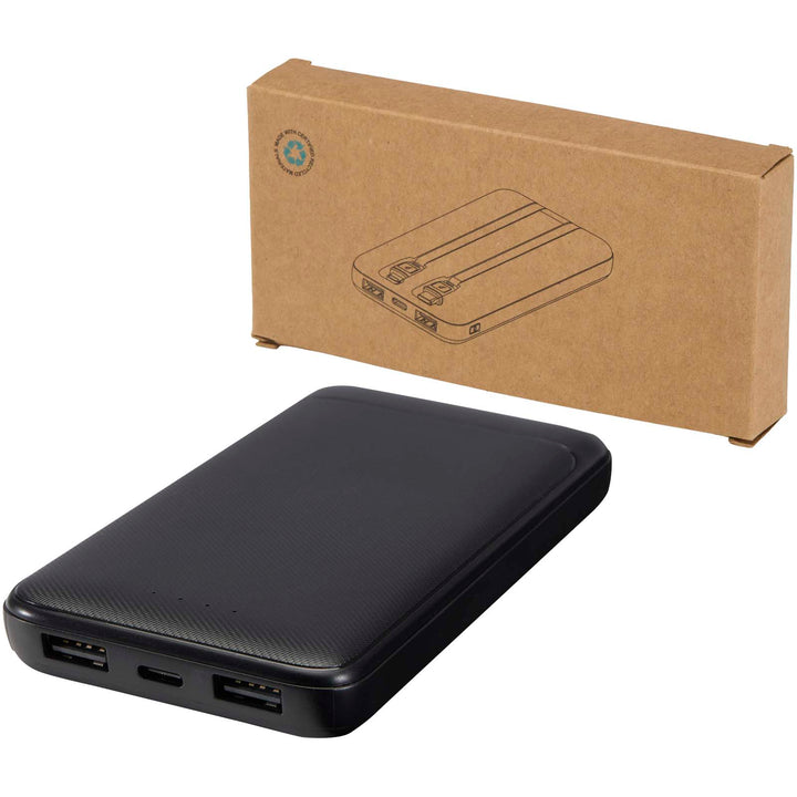 Adhil 10.000 mAh 10 W powerbank af genvundet plast med 2 indbyggede kabler