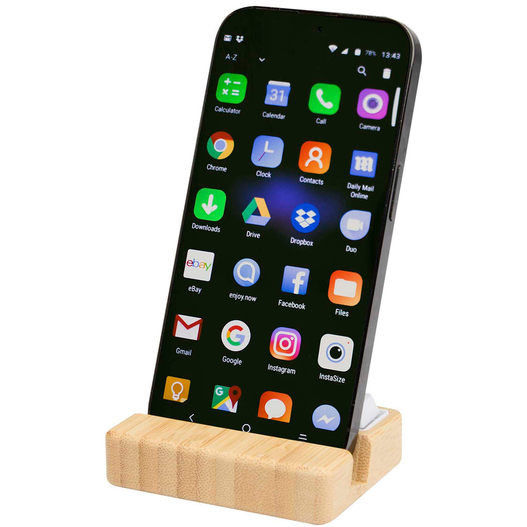Algol telefonstativ og fidget funktion af genvundet plast med bambusdetaljer