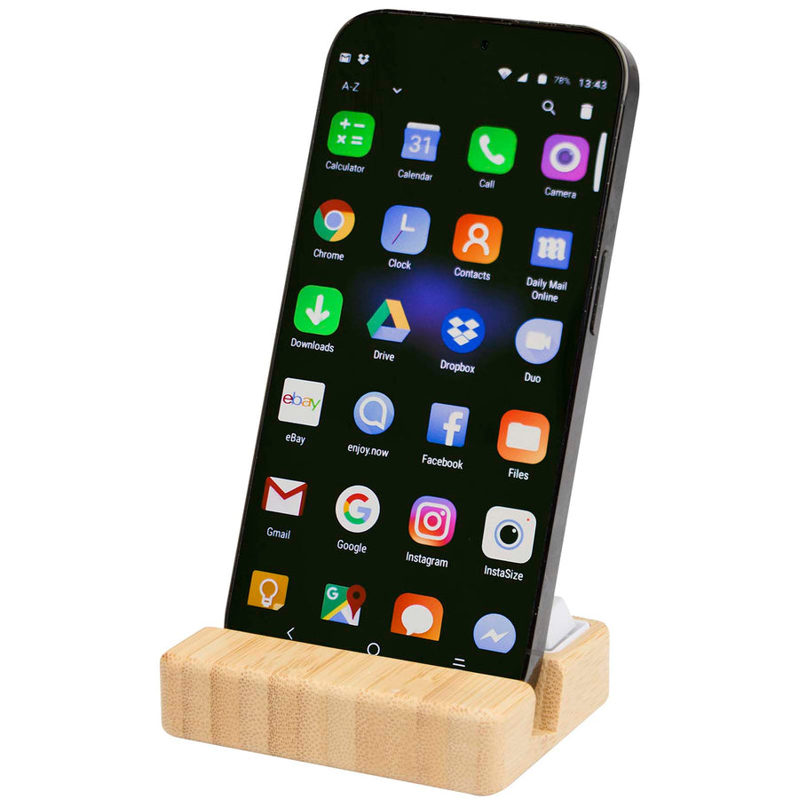 Algol telefonstativ og fidget funktion af genvundet plast med bambusdetaljer