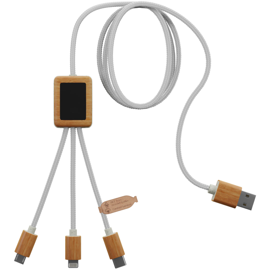 SCX.design C39 3-i-1 rPET ladekabel med lysende logo og firkantet bambus kabinet