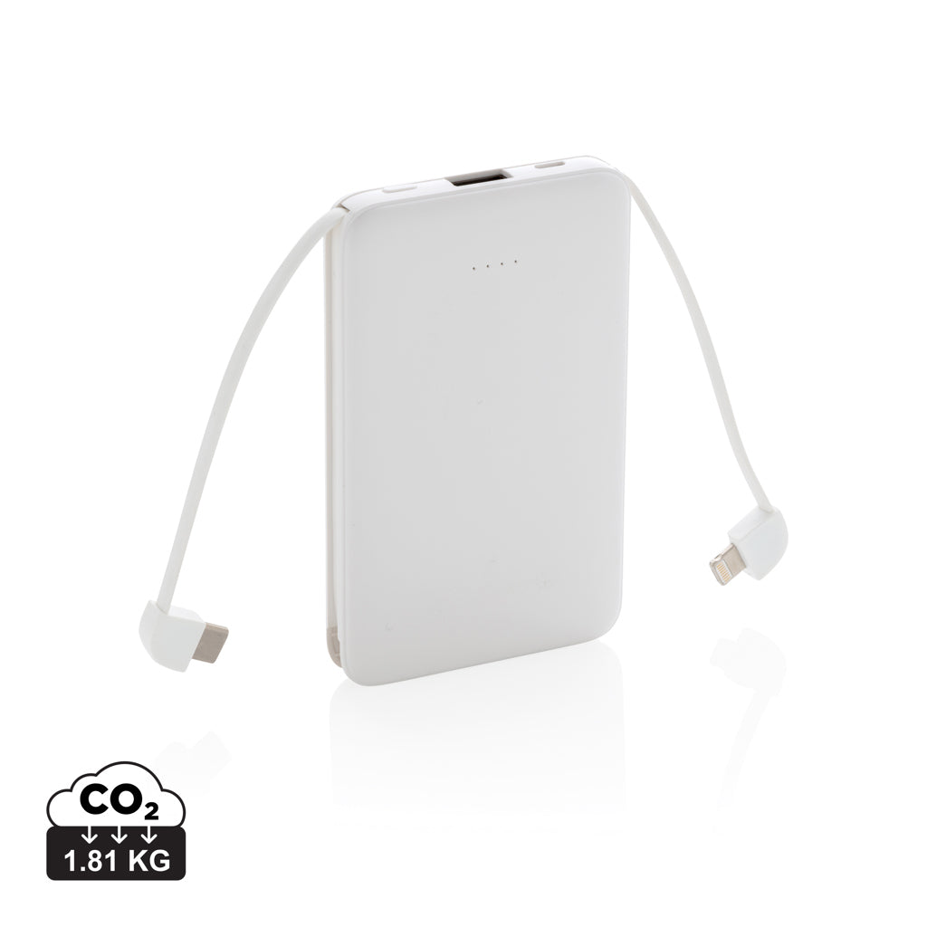 5.000 mAh lomme powerbank med integrerede kabler.