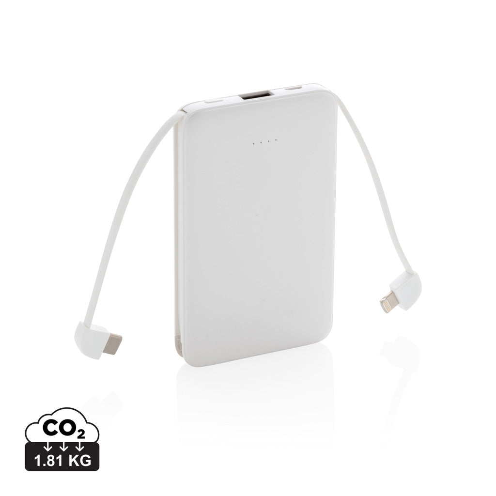 5.000 mAh lomme powerbank med integrerede kabler.