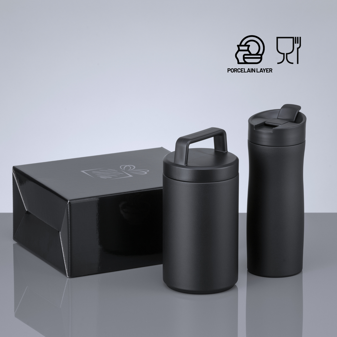 Porcelain Set: thermal mug 630 ml and foodjar 800 ml with porcelain coating