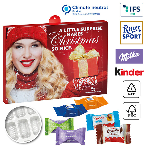 Premium Julekalender Eco BUSINESS med Ritter Sport Choco Cubes, Milka Moments, Kinder Chocolate Mini & Kinder bueno Mini Mix