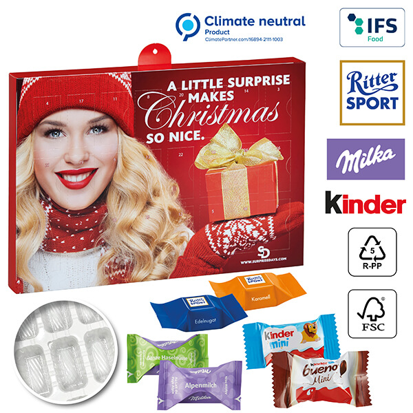Premium Julekalender BUSINESS med Ritter Sport Choco Cubes, Milka Moments Mix, Kinder Chokolade Mini & Kinder bueno Mini Mix