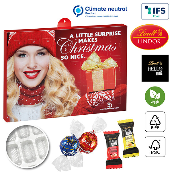 Premium Julekalender BUSINESS med Lindt Lindor Truffles & Hello Mini Stick fra Lindt Mix